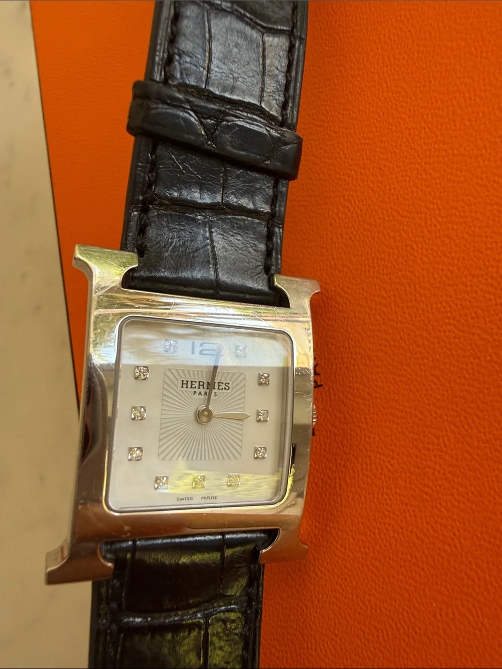 Hermes Black Leather Strap Men's Dress Watch with Silver Square Case